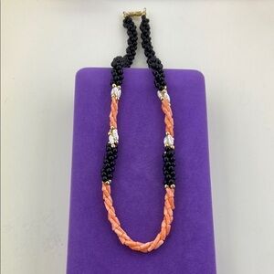 💛 Vintage Coral, Onyx and Rice Pearl Gold Beaded Necklace